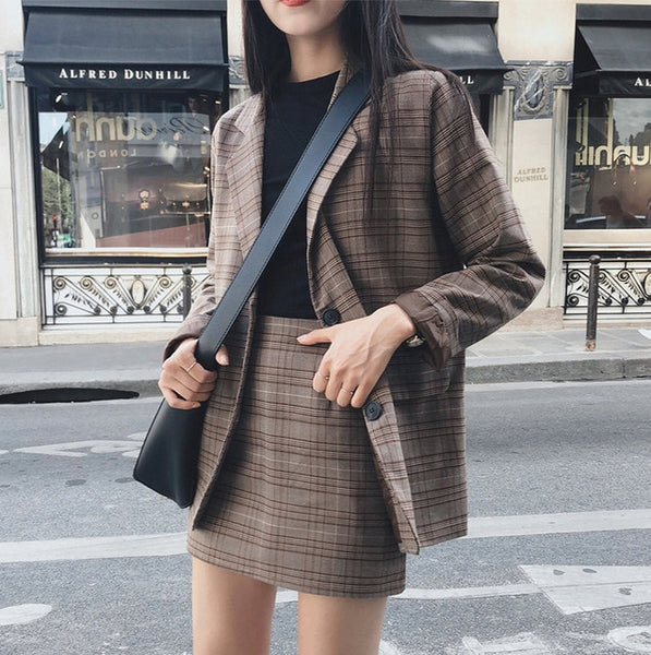 Mozuleva 2020 Retro Plaid Blazer Set Single-breasted Jacket & Pencil Skirt 2 Pieces Skirt Suit Female Office Ladies Blazer Suit