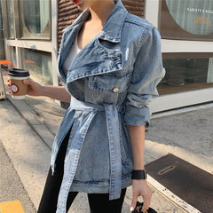 Colorfaith New 2020 Spring Autumn Women's Denim Jackets Casual Turn-down Collar Sashes Streetwear Asymmetrical Jeans Tops JK6775