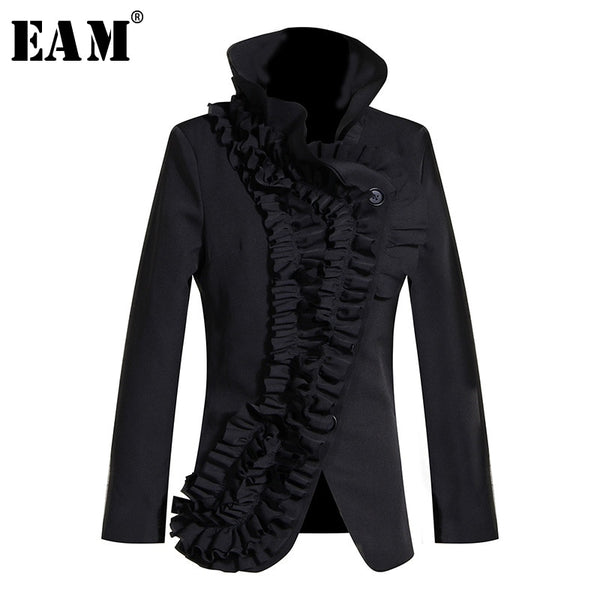 [EAM] Loose Fit Black Ruffles Split Asymmetrical Jacket New Stand Collar Long Sleeve Women Coat Fashion Spring Autumn 2020 1M005