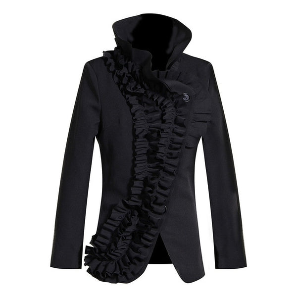 [EAM] Loose Fit Black Ruffles Split Asymmetrical Jacket New Stand Collar Long Sleeve Women Coat Fashion Spring Autumn 2020 1M005