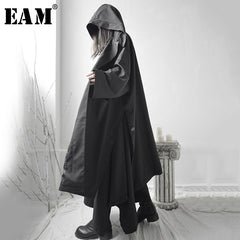 [EAM] Loose Fit Black Vent Split Joint Big Size Long Jacket New Hooded Long Sleeve Women Coat Fashion Tide Spring 2020 1S662