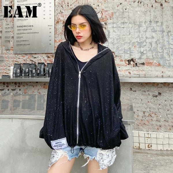 [EAM] Loose Fit Black Brief Perspective Big Size Thin Jacket New Hooded Long Sleeve Women Coat Fashion Tide Spring 2020 1U722