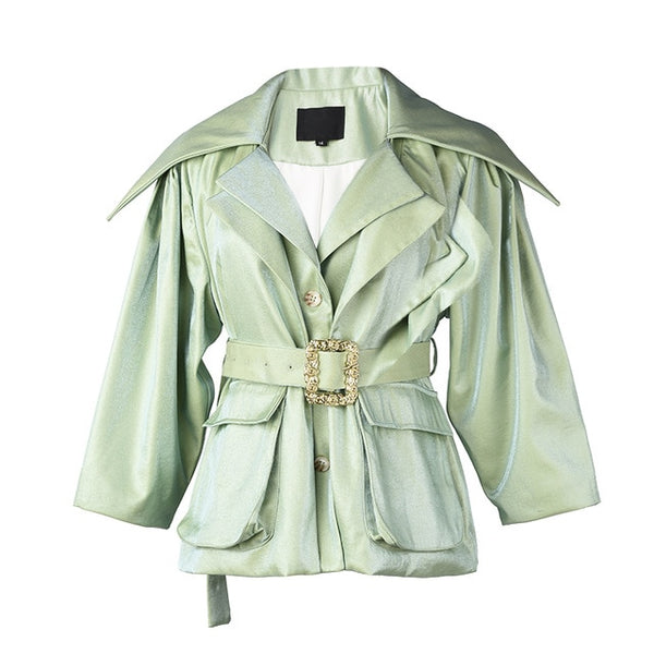 [EAM] Loose Fit Green Pocket Spliit Bandage Short Jacket New Lapel Long Sleeve Women Coat Fashion Tide Spring 2020 JH58206