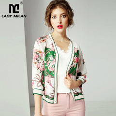 Lady Milan 100% Pure Silk Women's Runway Shirts 3/4 Sleeves Floral Printed Fashion Blouse Baseball Jackets