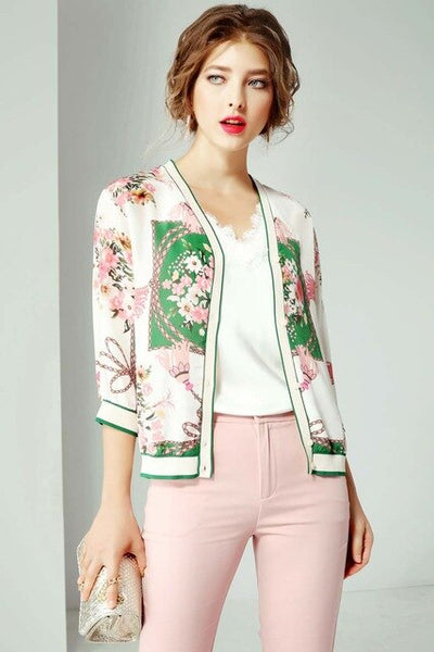 Lady Milan 100% Pure Silk Women's Runway Shirts 3/4 Sleeves Floral Printed Fashion Blouse Baseball Jackets