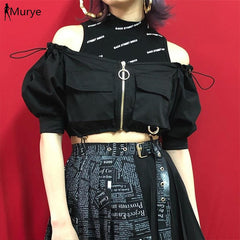 Gothic Tops & Tees Women Kawaii Harajuku Coat Short Korean Off Shoulder Half Pocket Bow Drawstring Fashion 2019 Streetwears