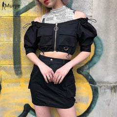 Gothic Tops & Tees Women Kawaii Harajuku Coat Short Korean Off Shoulder Half Pocket Bow Drawstring Fashion 2019 Streetwears