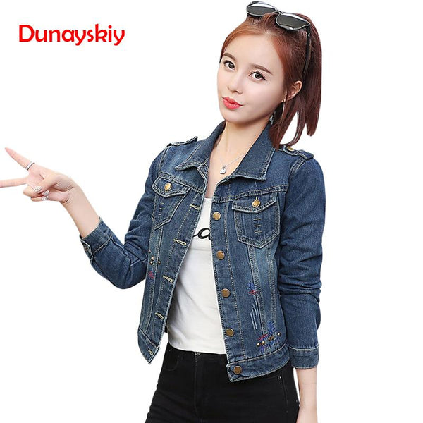 Women Embroidery  Denim Jacket 2020 New Fashion Rivet Female Short Top Tee Long Sleeve Blue Spring Summer Coat