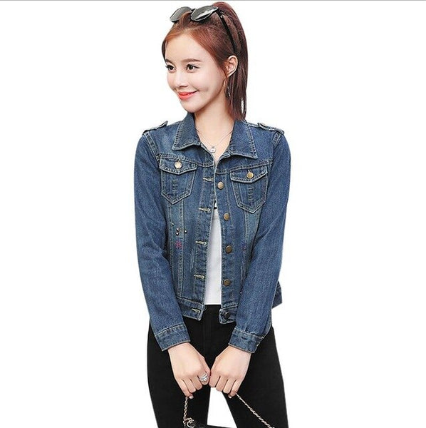 Women Embroidery  Denim Jacket 2020 New Fashion Rivet Female Short Top Tee Long Sleeve Blue Spring Summer Coat