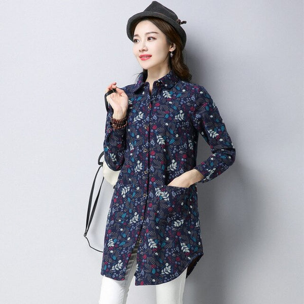 New Autumn Winter Foral Velvet Casual Shirt Women's Thick Warm Shirt Jacket Blouses Loose Female Cotton Long-sleeved Coats L31