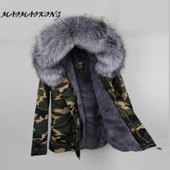 2017 Women Winter Camo Parkas Large Raccoon Fur Collar Hooded Coat Outwear 2 in 1 Detachable Lining Winter Jacket Brand Style